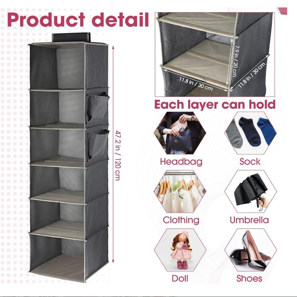 Gray Hanging Closet Organizer 6-Tier Hanging Closet Shelf Organizer With Pockets